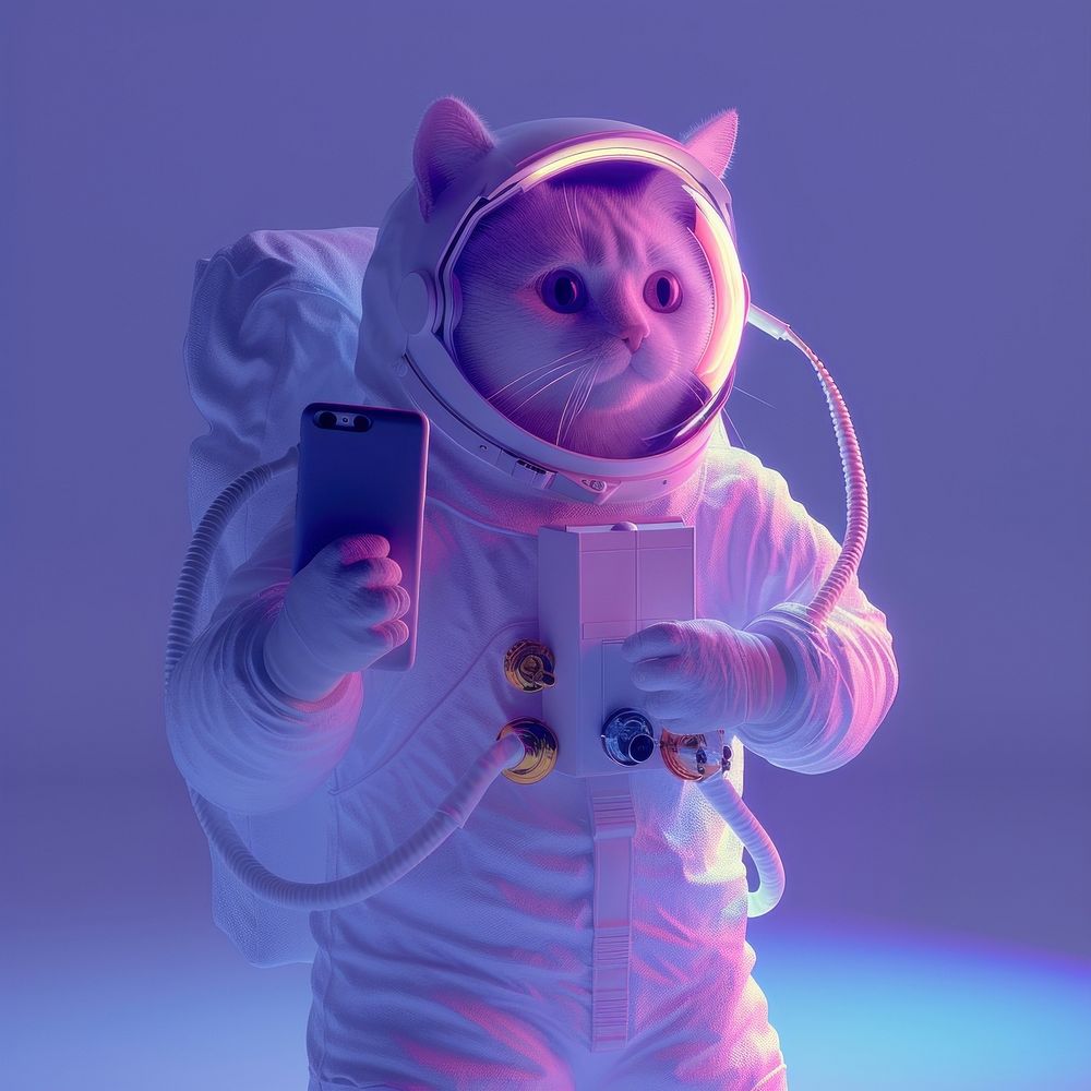A cat wearing astronaut uniform purple animal mammal.