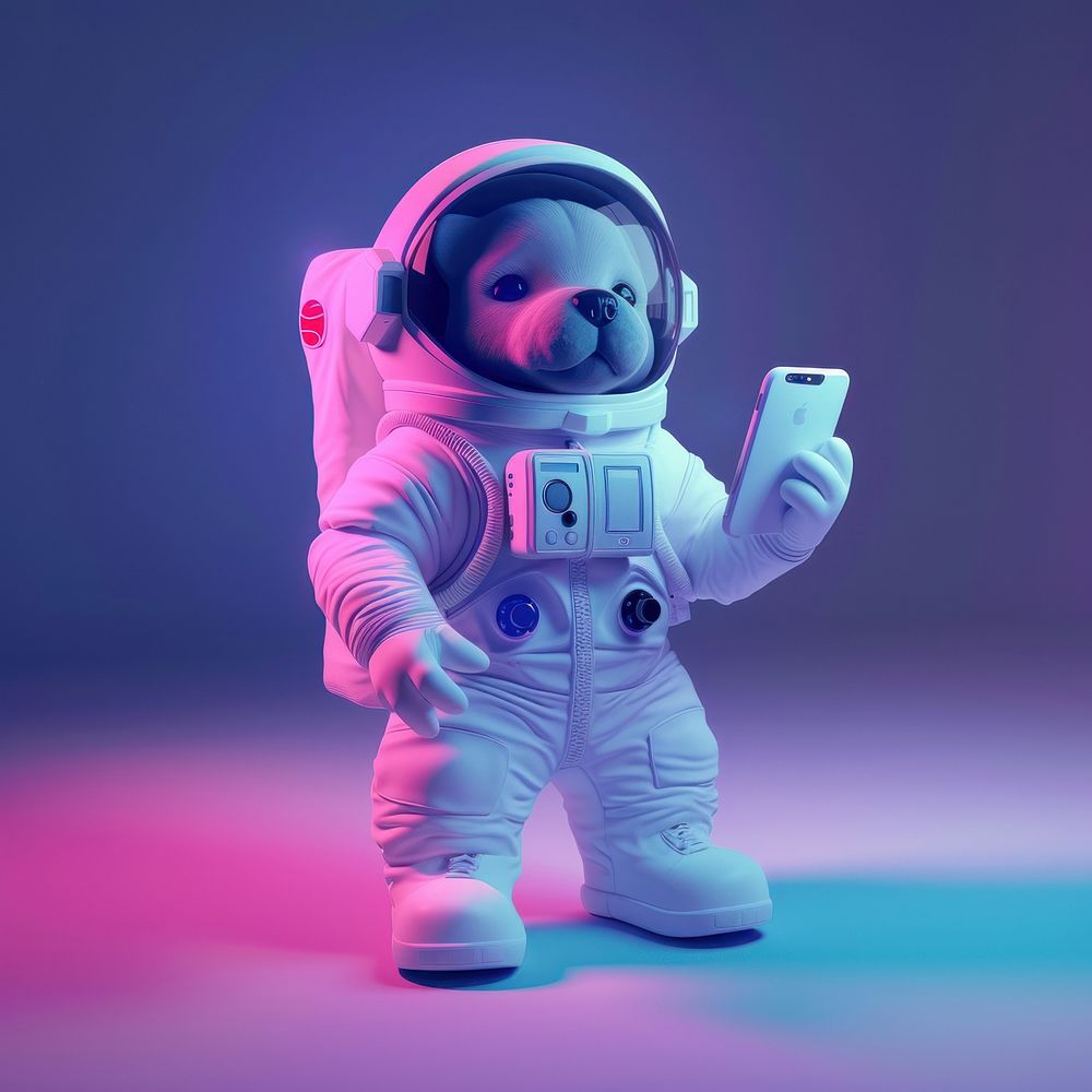 A dog wearing astronaut uniform purple phone blue.