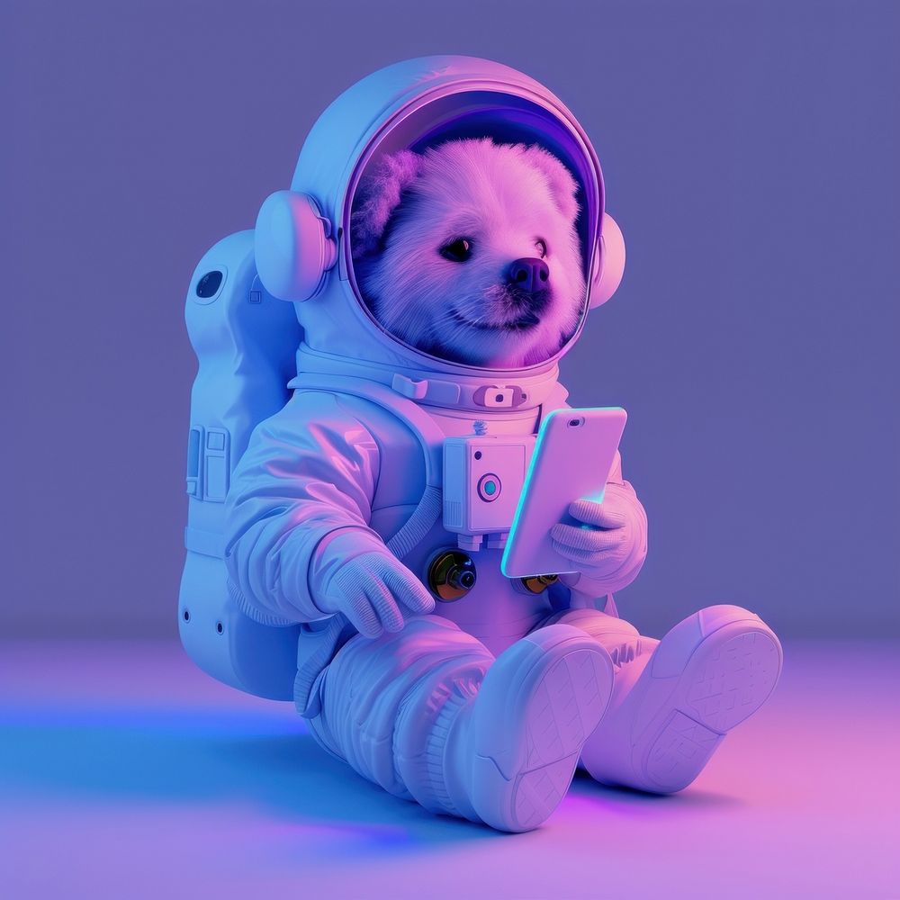 A dog wearing astronaut uniform purple mammal phone.