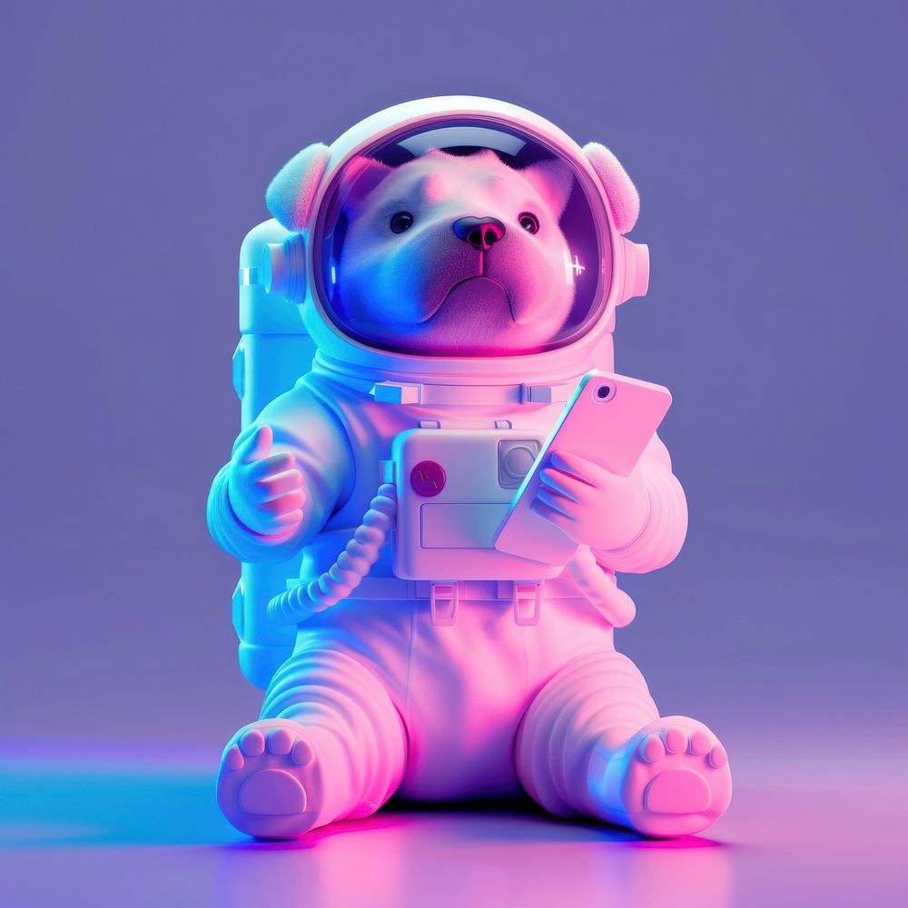 A dog wearing astronaut uniform purple robot cute.