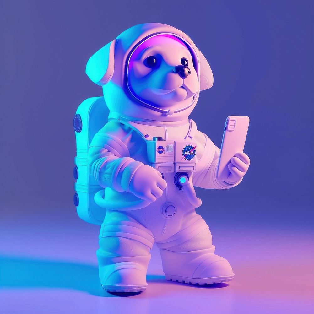 A dog wearing astronaut uniform purple robot blue.