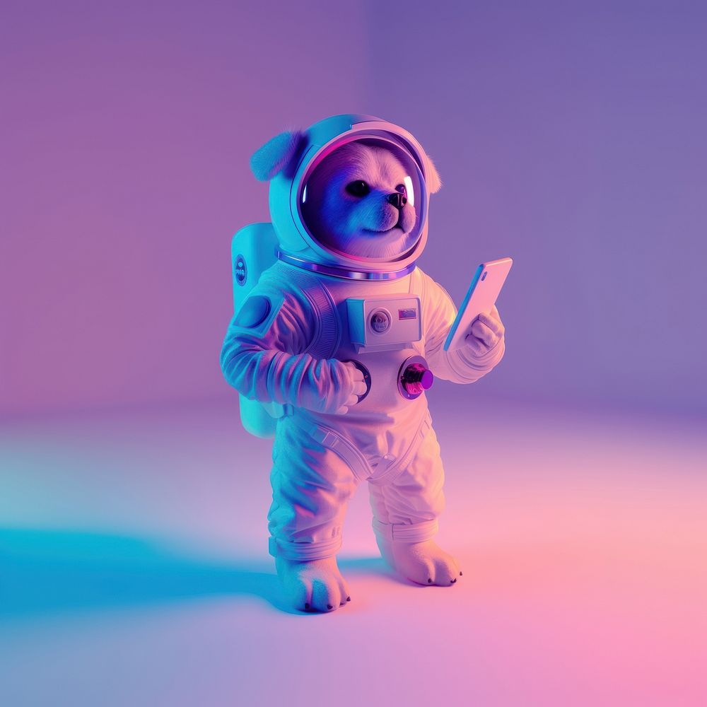 A dog wearing astronaut uniform purple blue toy.