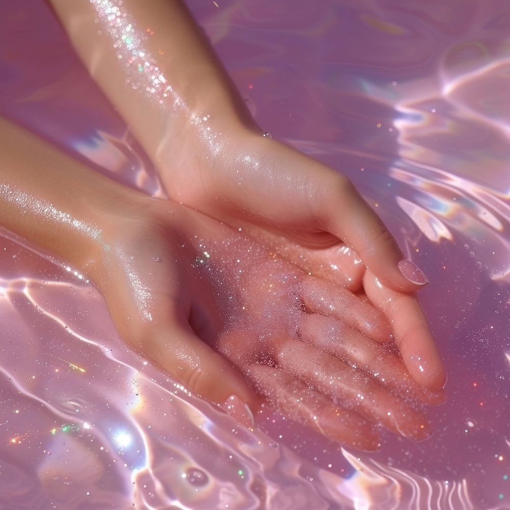 Two hands with a pink water with glistening glitter fingernail barefoot manicure.