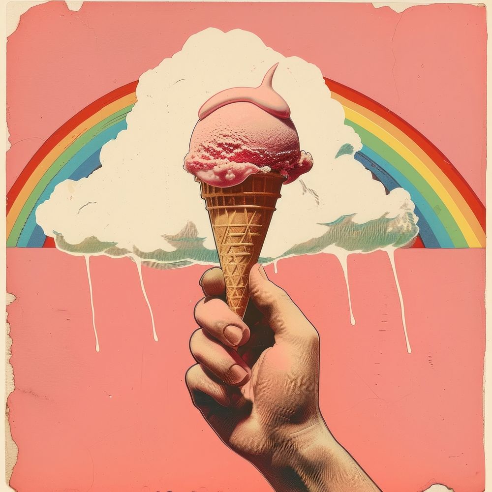 Hand holding ice cream dessert rainbow cloud.