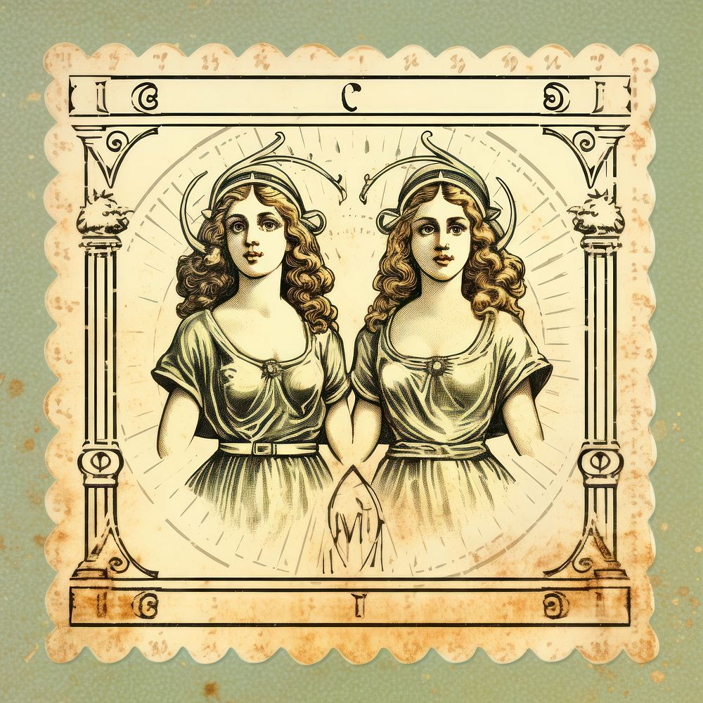 Vintage postage stamp with gemini adult art representation.
