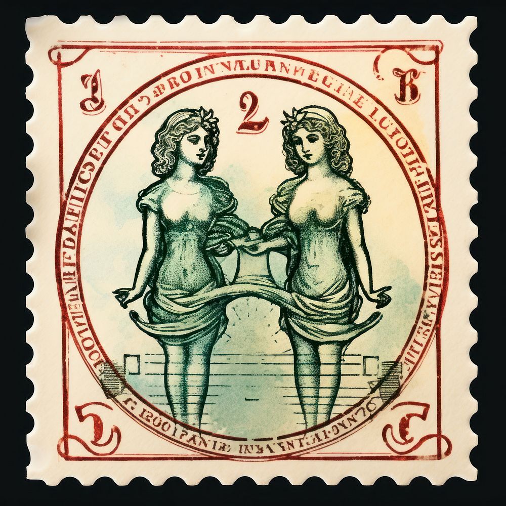 Vintage postage stamp with gemini representation togetherness currency.