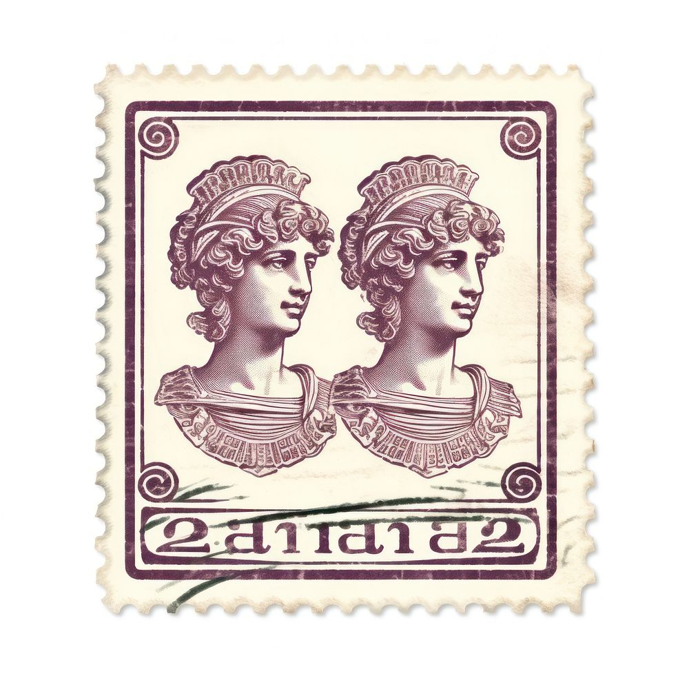 Vintage postage stamp with gemini representation creativity currency.