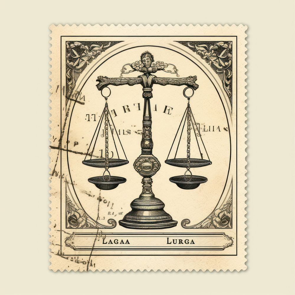 Vintage postage stamp with libra scale architecture history.