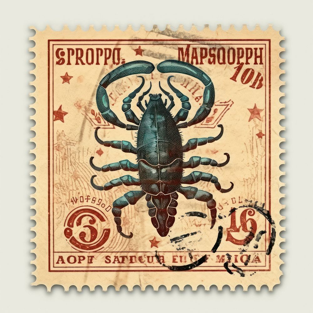 Vintage postage stamp with scorpio animal insect invertebrate.