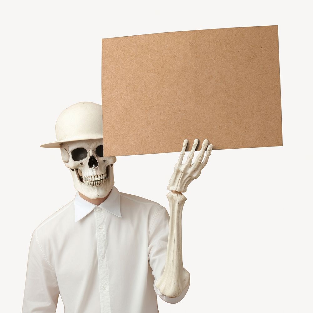 Skeleton holding brown paper sign