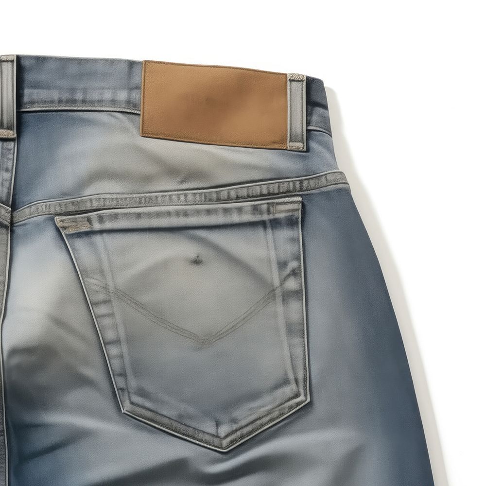 Back side of empty label on folding jeans put on white background shorts denim pants.