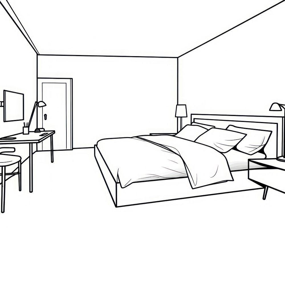 Bedroom thin outline sketch line vector furniture drawing table.