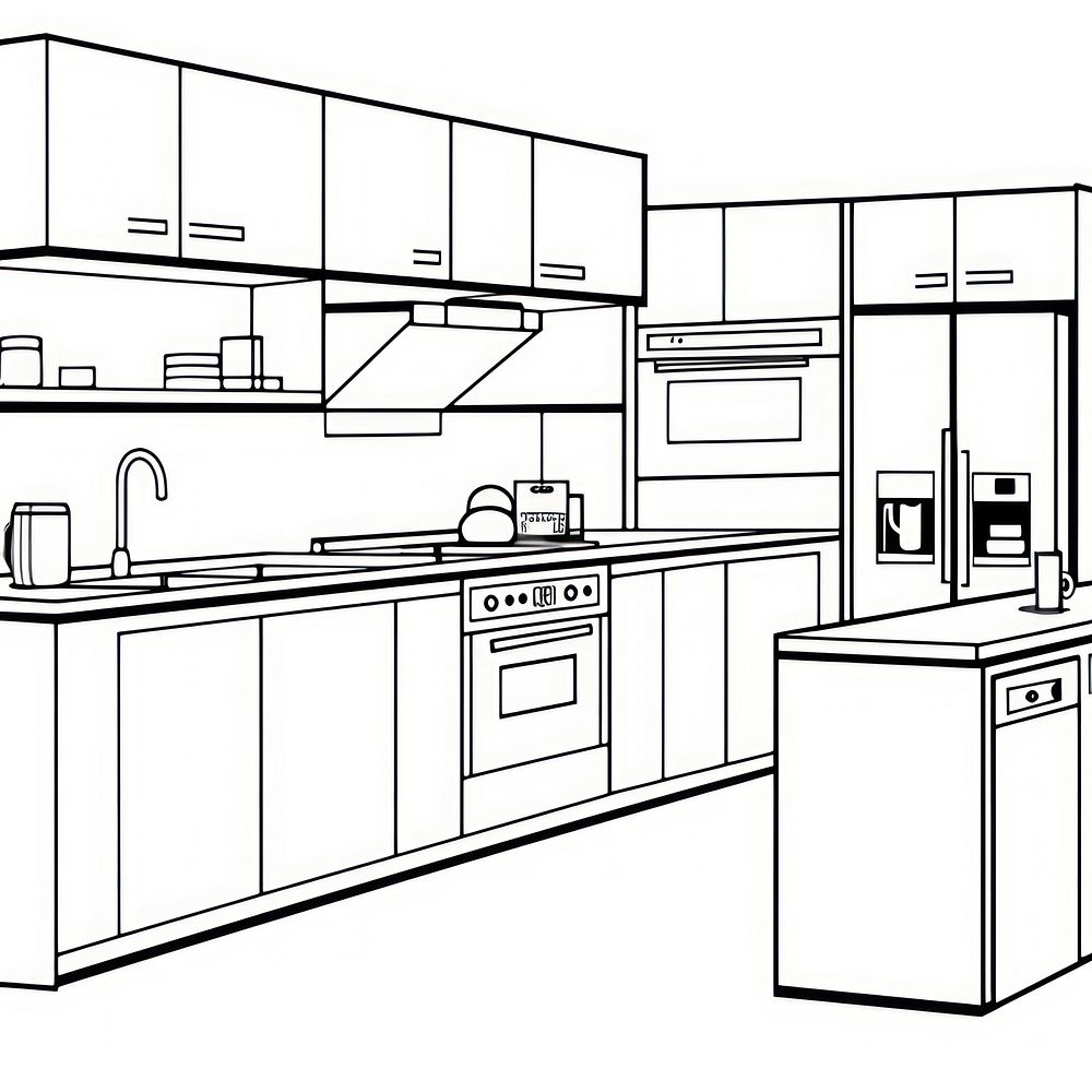 Kitchen thin outline sketch line vector appliance furniture cabinet.