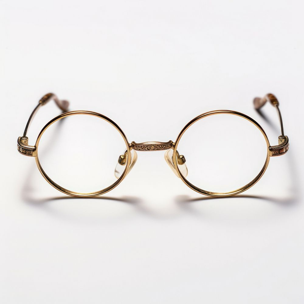Small slim oval gold frame of glasses jewelry white background accessories.
