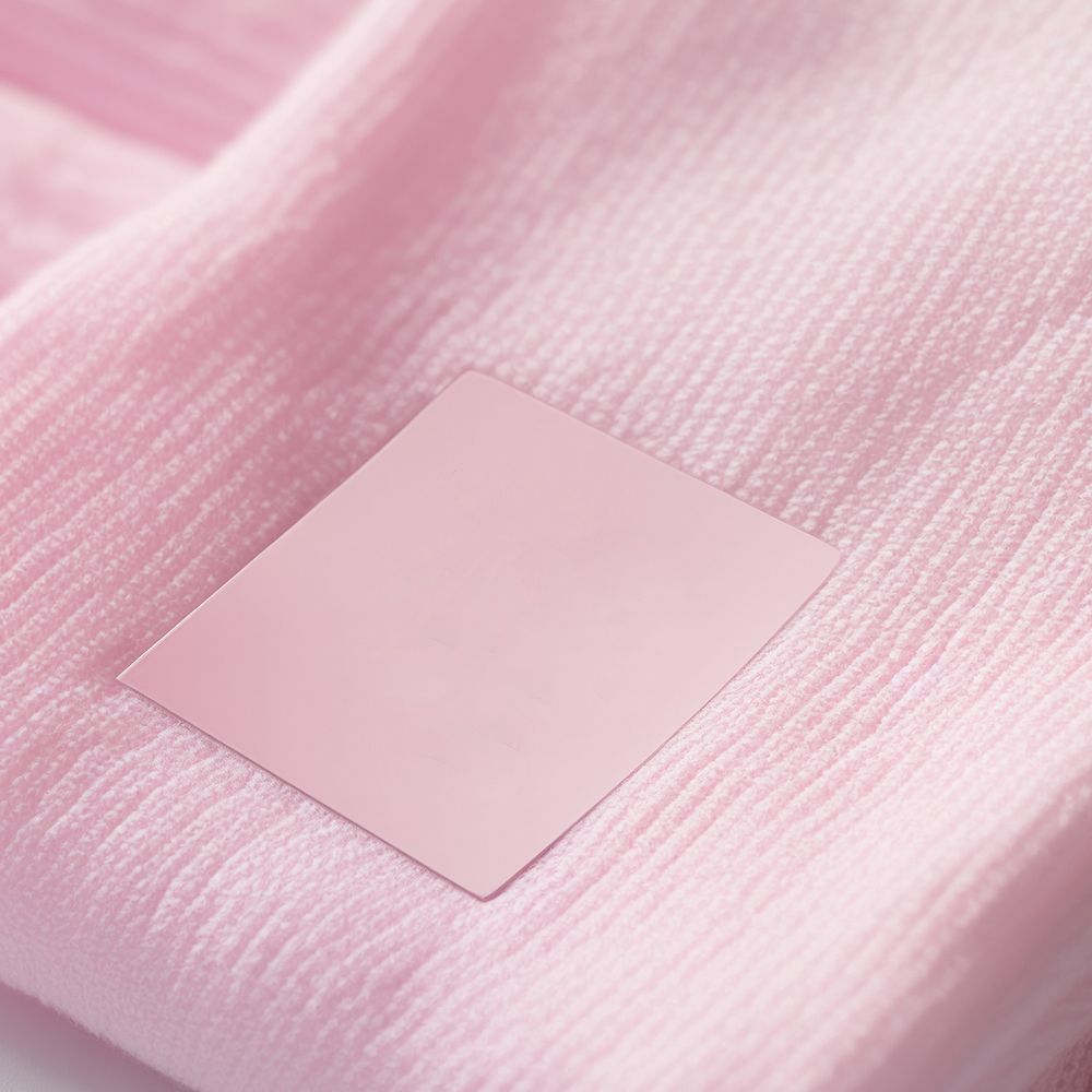 Empty white fabric label tag printing on flatlay pink open towel outerwear softness magenta.