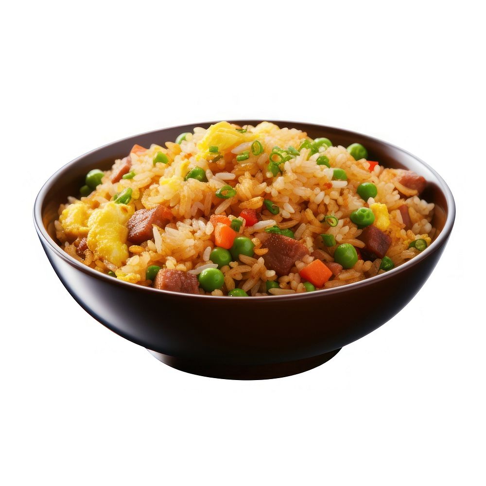 Fried rice bowl food white background vegetable.