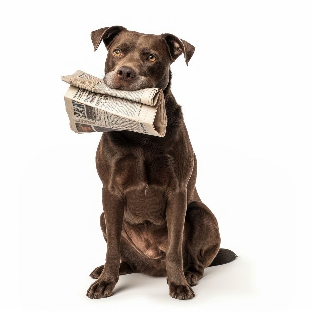 Dog holding newspaper animal pet sitting.