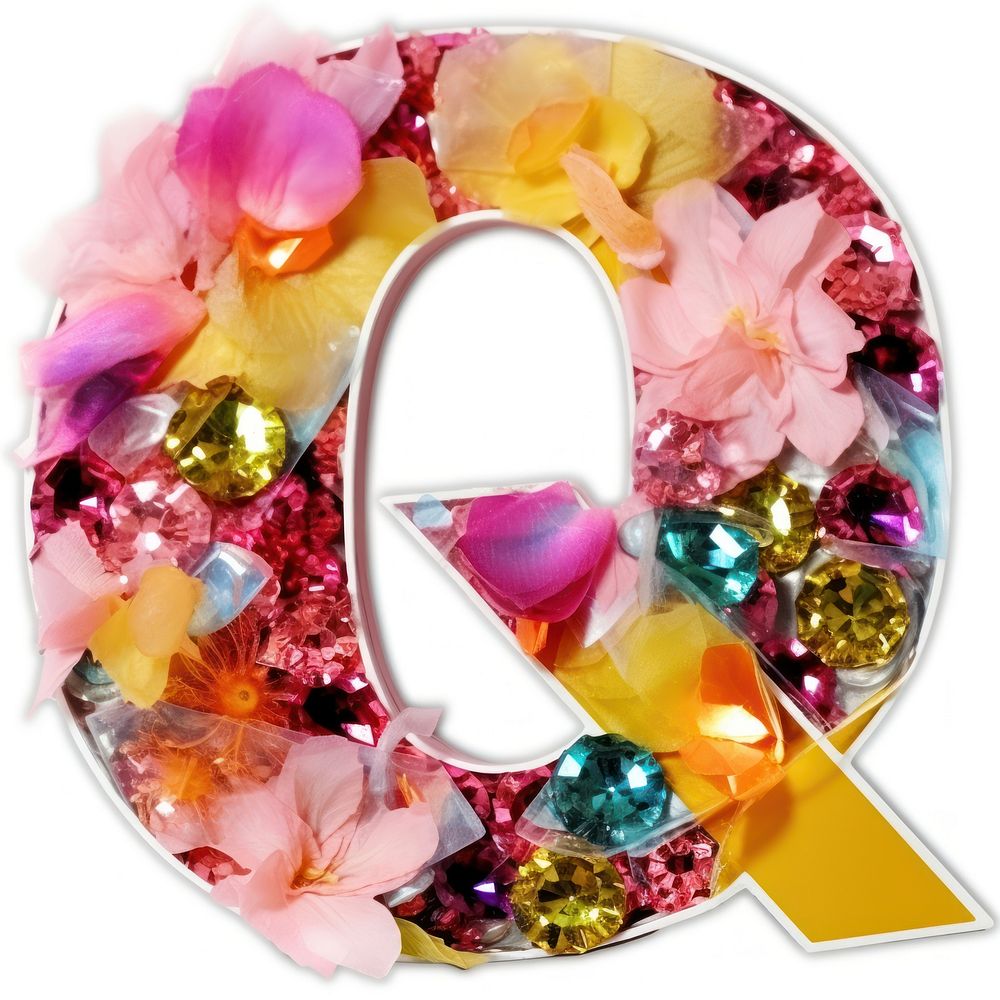 Glitter letter Q number white background celebration.