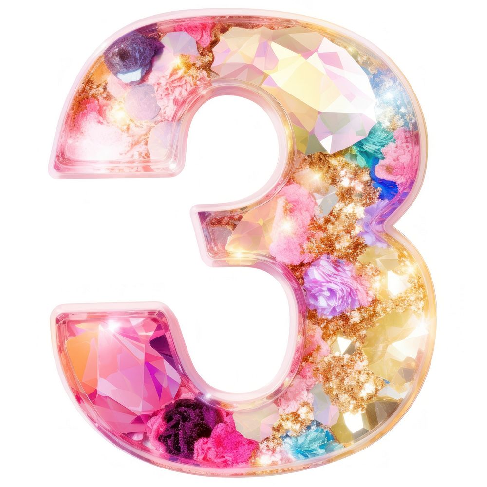Glitter number letter 3 shape white background glowing.