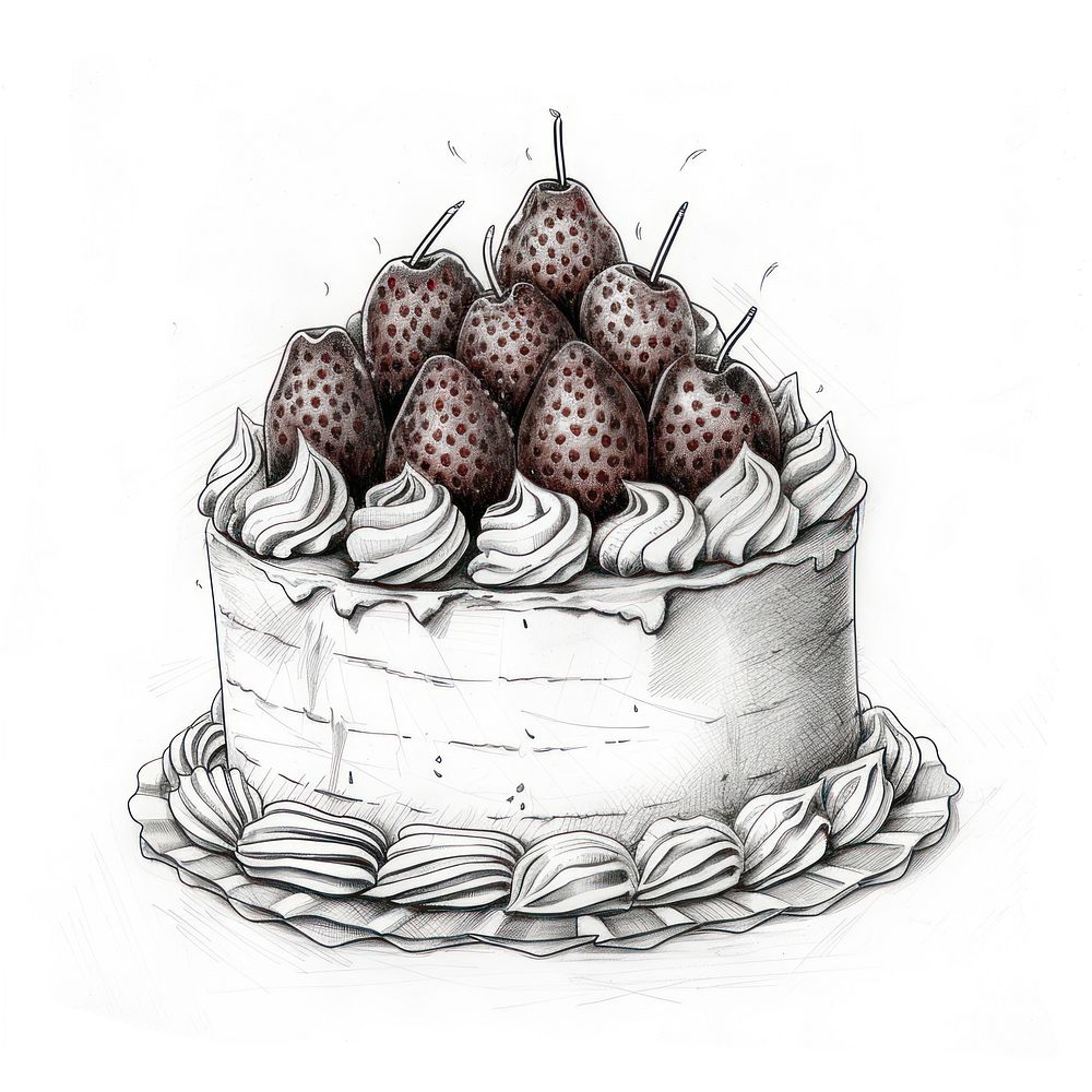 Draw freehand style birthday cake strawberry dessert drawing.