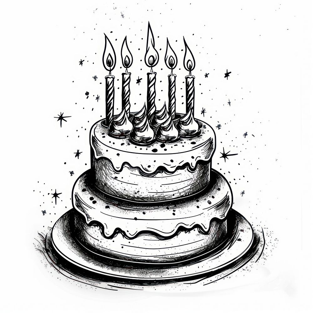 Draw freehand style birthday cake dessert drawing sketch.