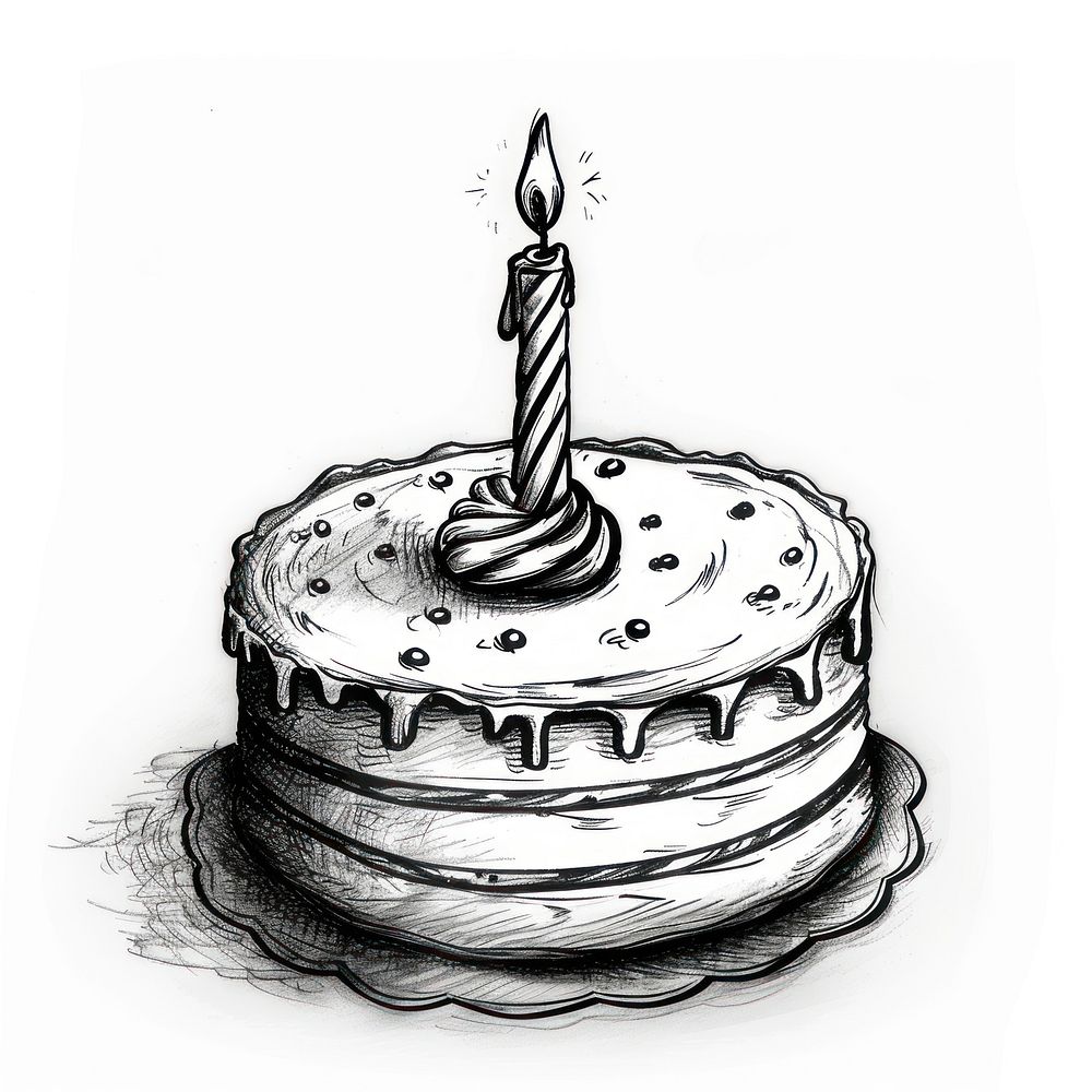 Draw freehand style birthday cake dessert drawing sketch.