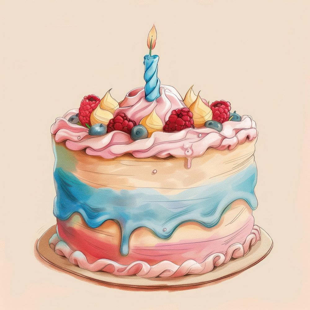 Draw freehand style birthday cake dessert icing cream.