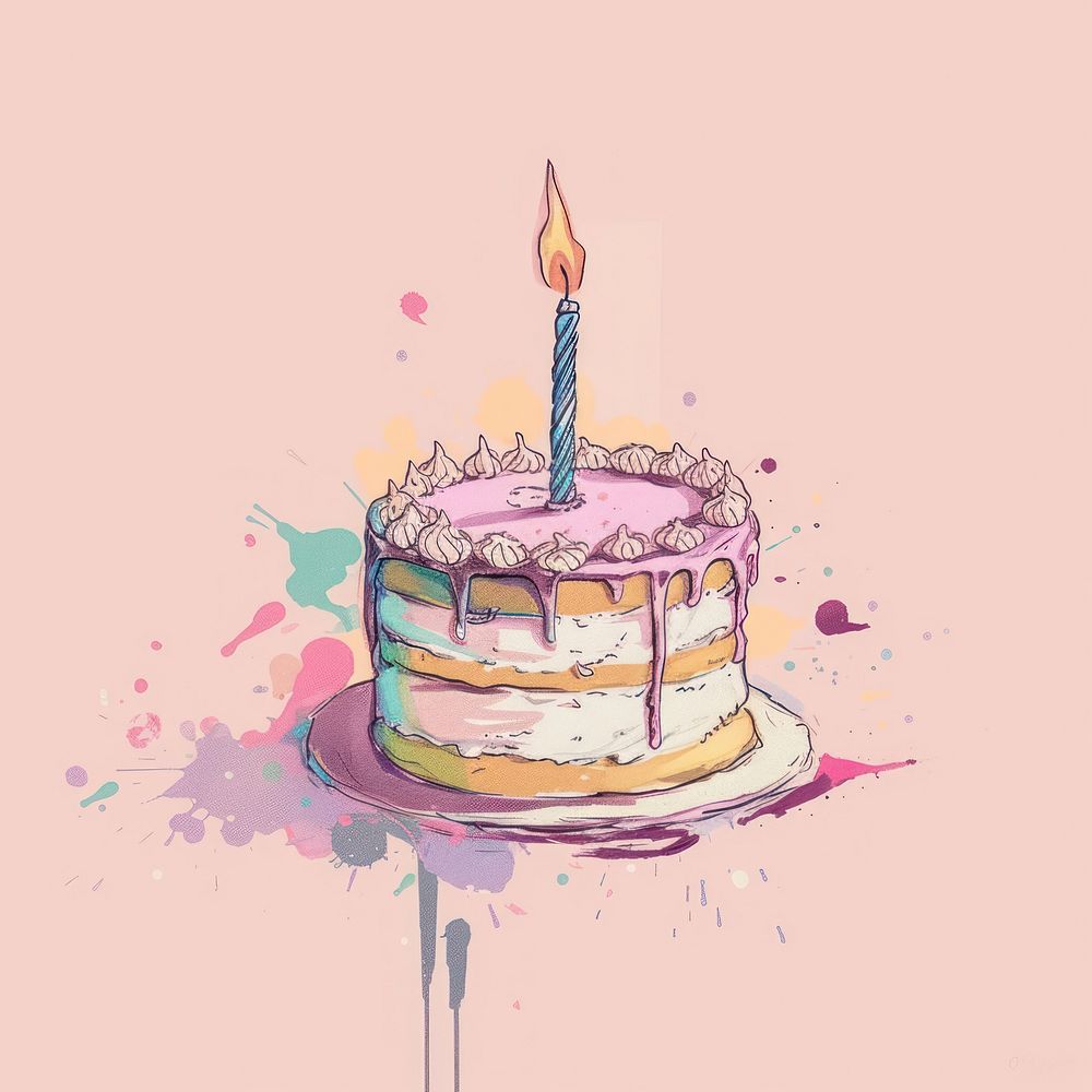 Draw freehand style birthday cake dessert candle food.