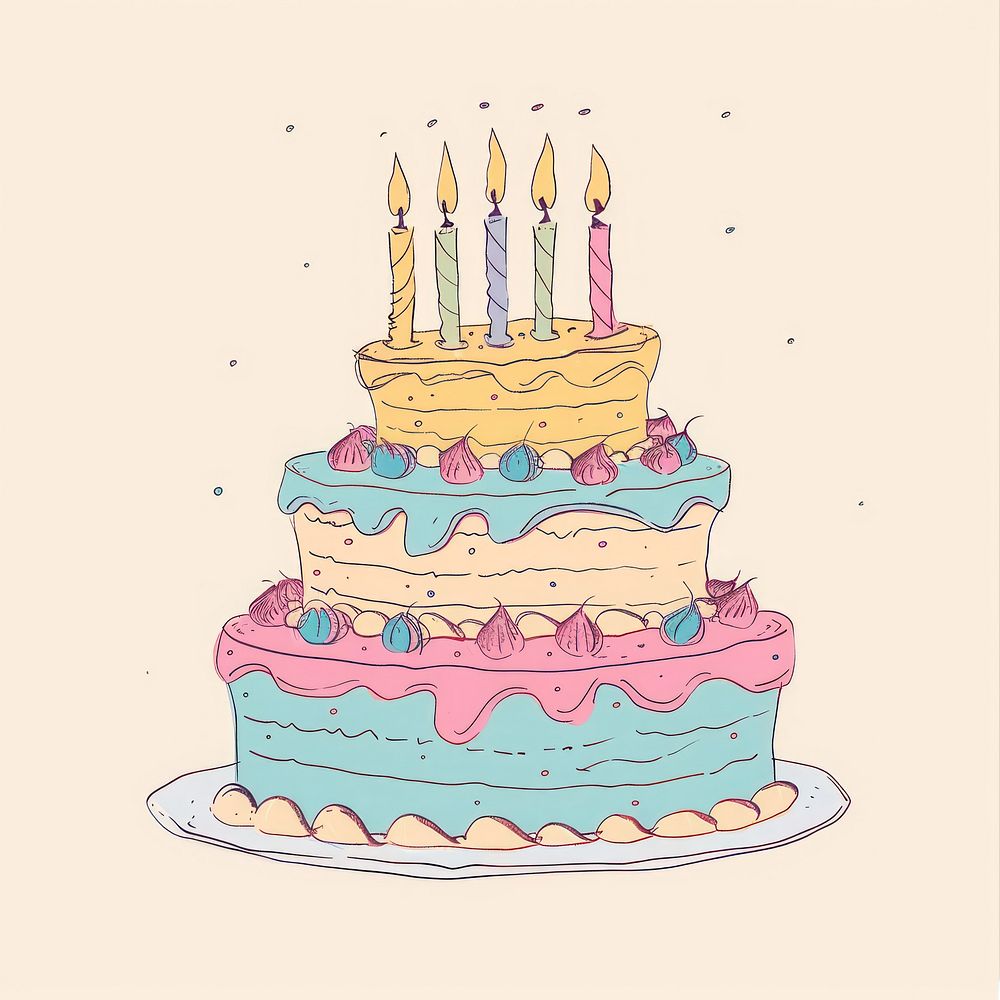 Draw freehand style birthday cake dessert food anniversary.