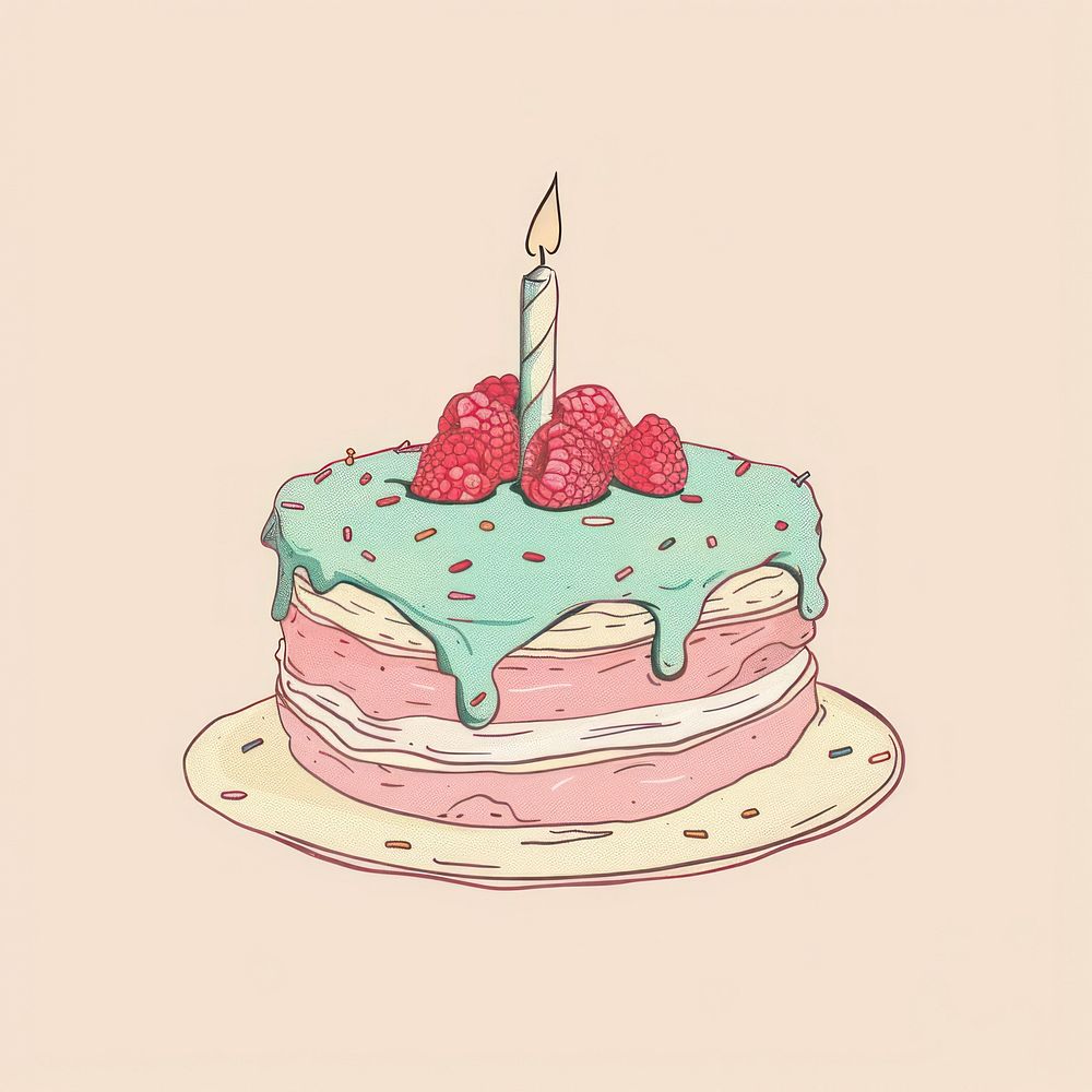 Draw freehand style birthday cake raspberry dessert cream.