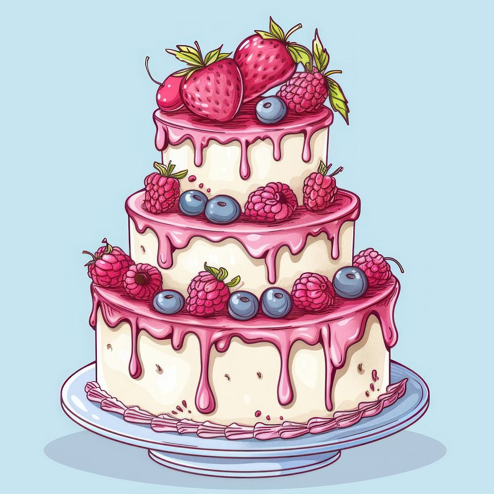 Draw freehand style cake raspberry dessert fruit.