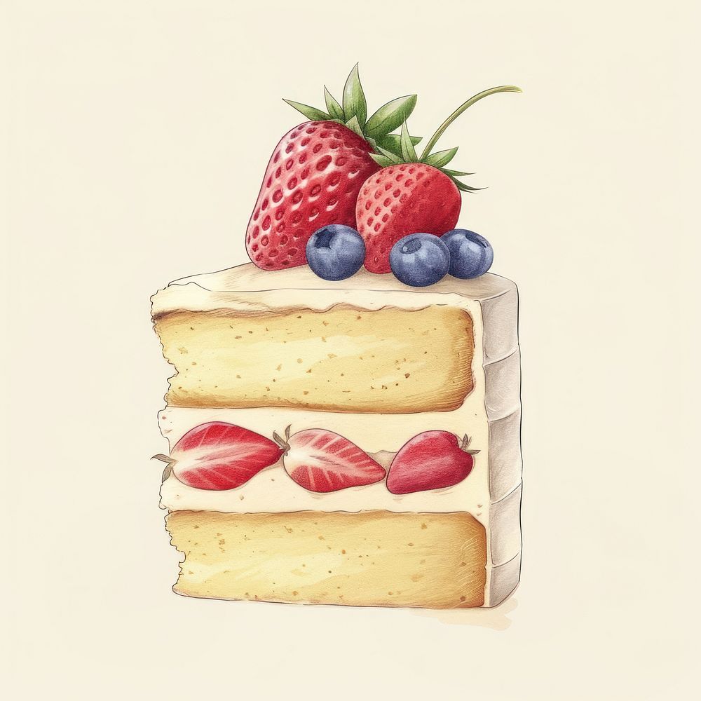 Draw freehand style cake strawberry fruit food.