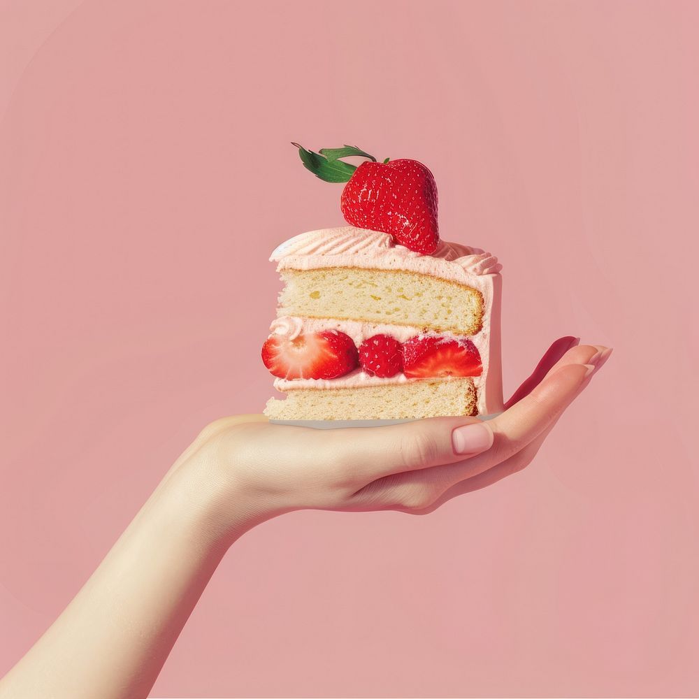 Minimal cake strawberry dessert holding.