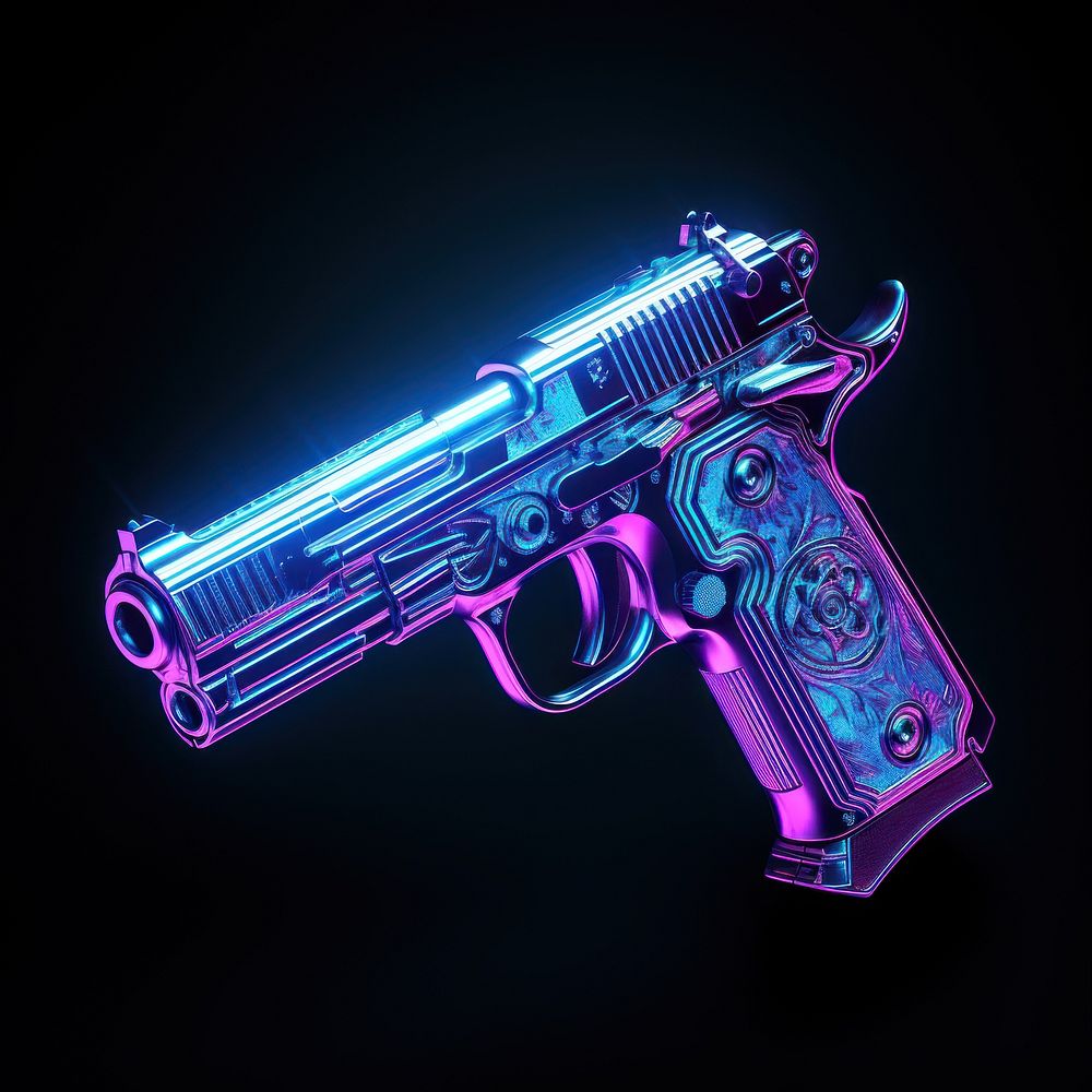 Neon gun handgun weapon black background.