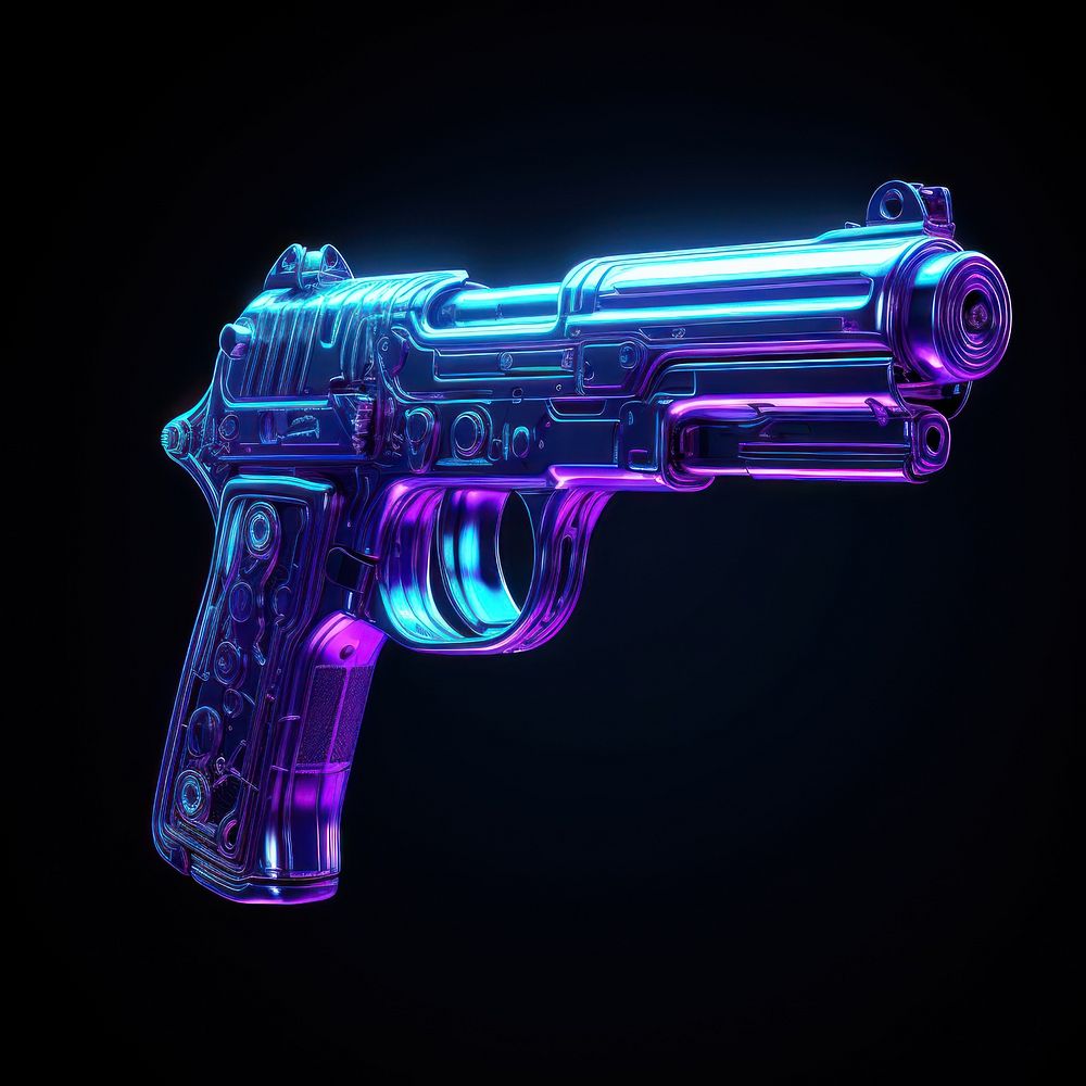 Neon gun handgun weapon black background.