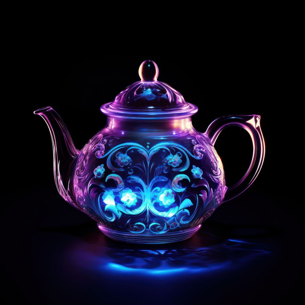 Neon teapot light illuminated decoration.