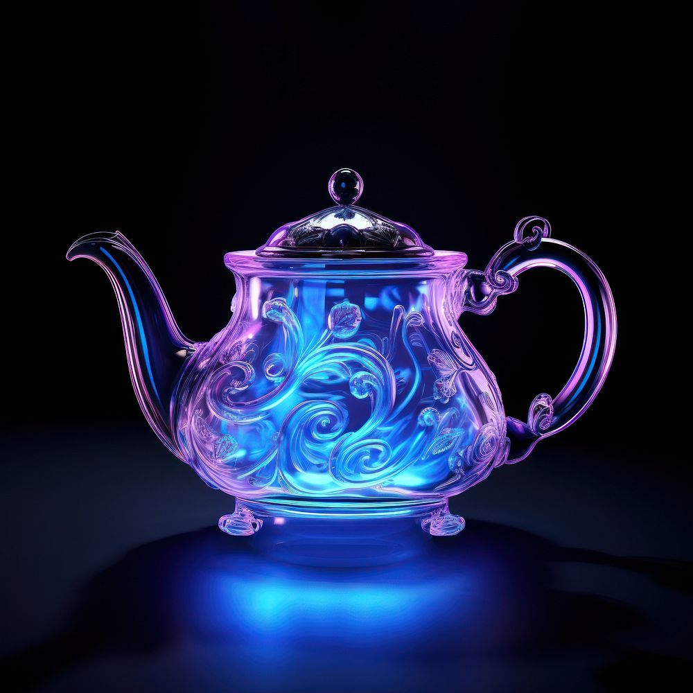 Neon teapot light illuminated refreshment.