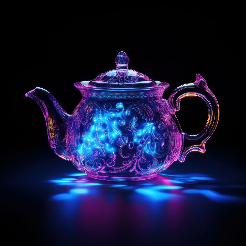 Neon teapot light illuminated refreshment.
