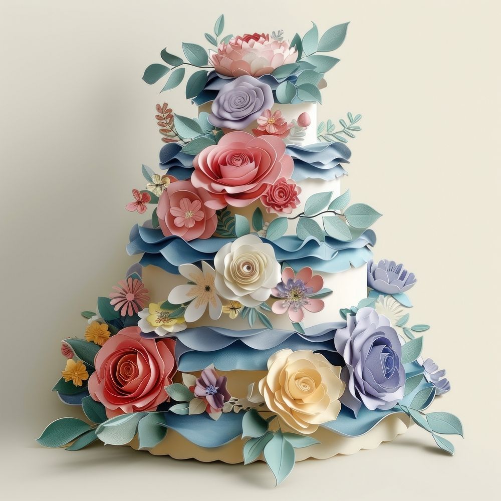 Paper cut craft style wedding cake dessert flower plant.