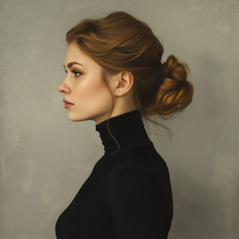 Cool fashion art studio portrait of beautiful elegant woman in black turtleneck painting adult contemplation.