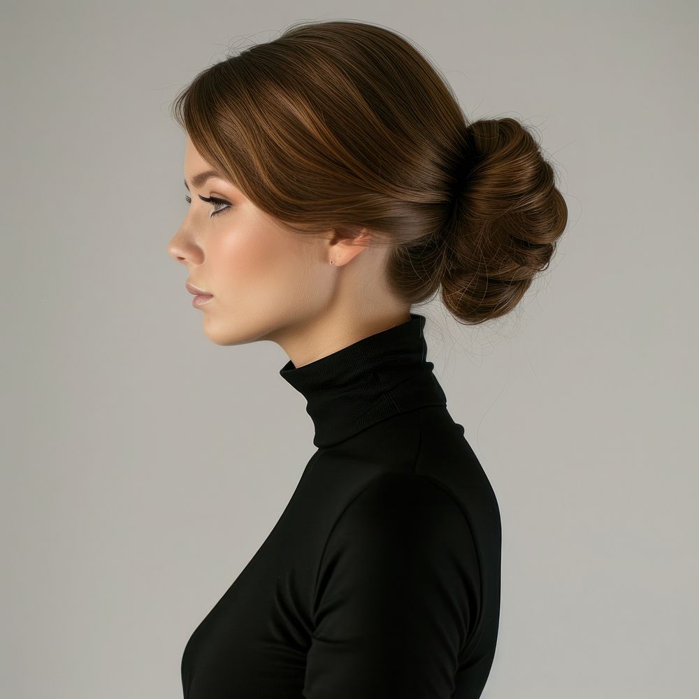 Cool fashion art studio portrait of beautiful elegant woman in black turtleneck adult contemplation hairstyle.