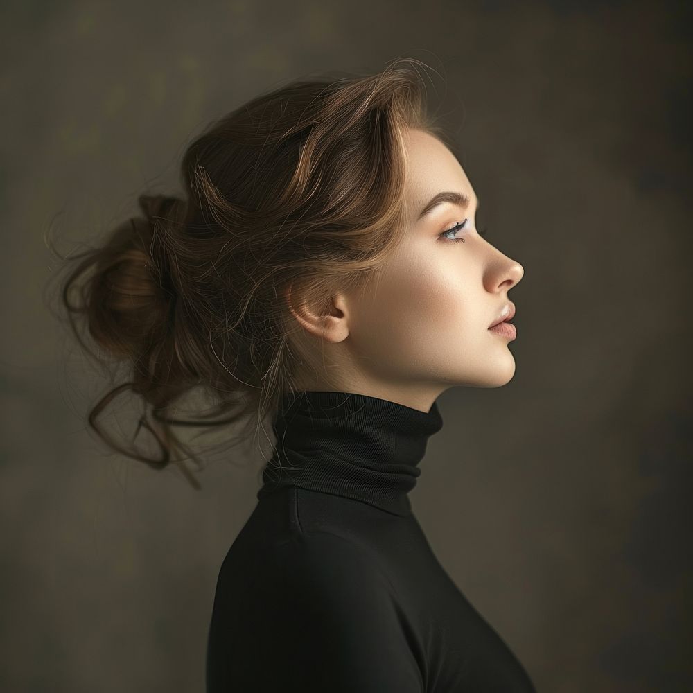 Cool fashion art studio portrait of beautiful elegant woman in black turtleneck adult contemplation photography.