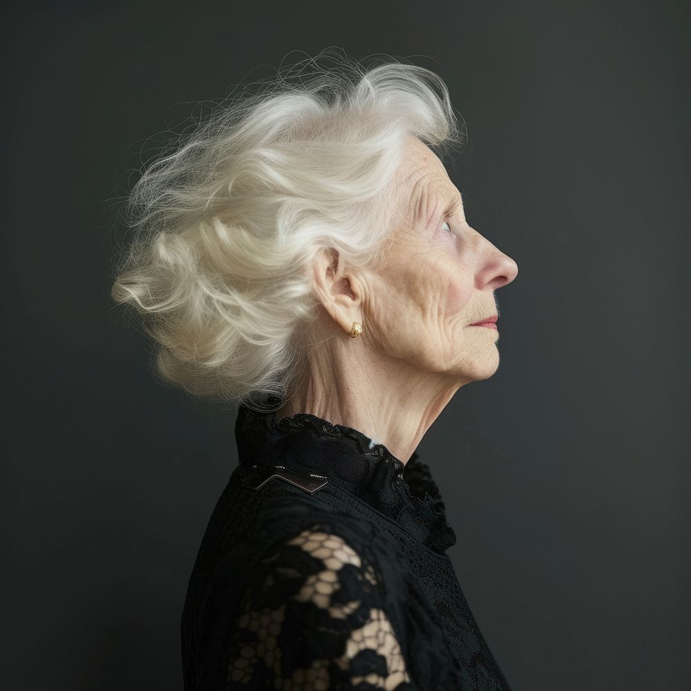Fashion art studio portrait of old woman adult contemplation photography.
