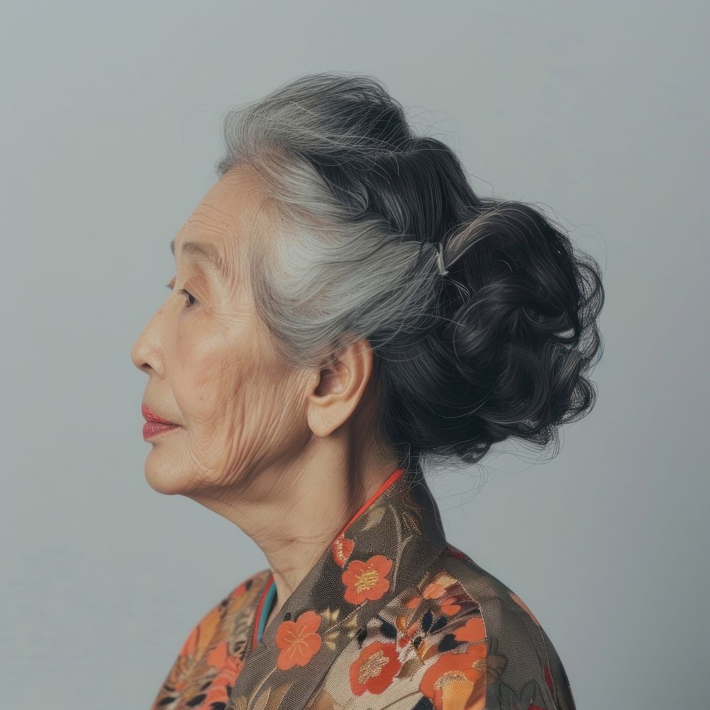 Fashion art studio portrait of asian old woman adult contemplation photography.