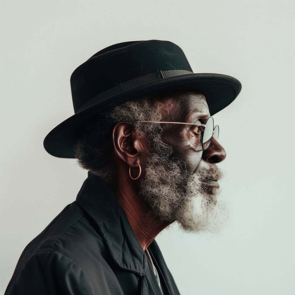 Fashion art studio portrait of black old man glasses beard adult.