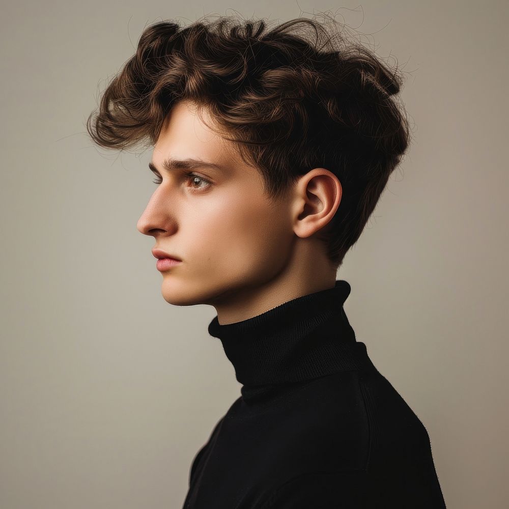 Fashion art studio portrait of Cool elegant young man in black turtleneck contemplation individuality photography.
