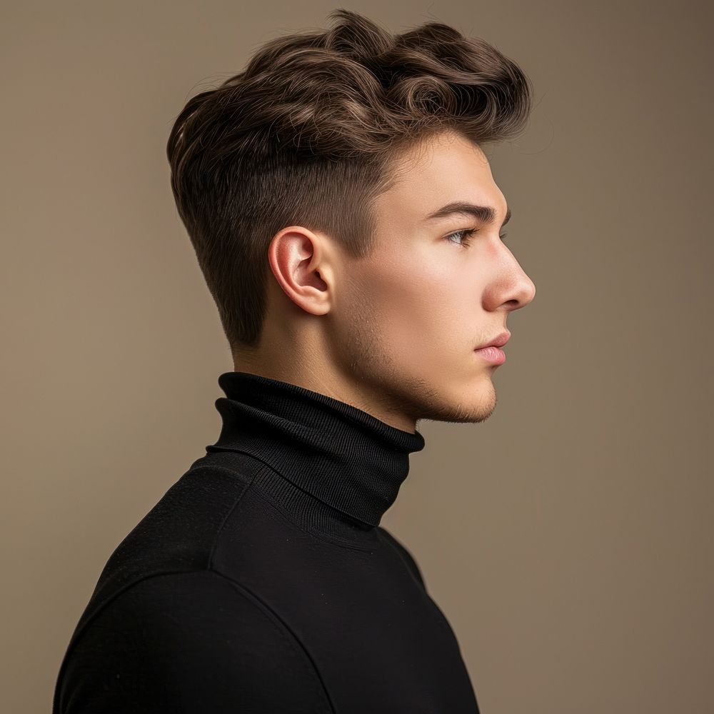 Fashion art studio portrait of Cool elegant young man in black turtleneck contemplation individuality hairdresser.