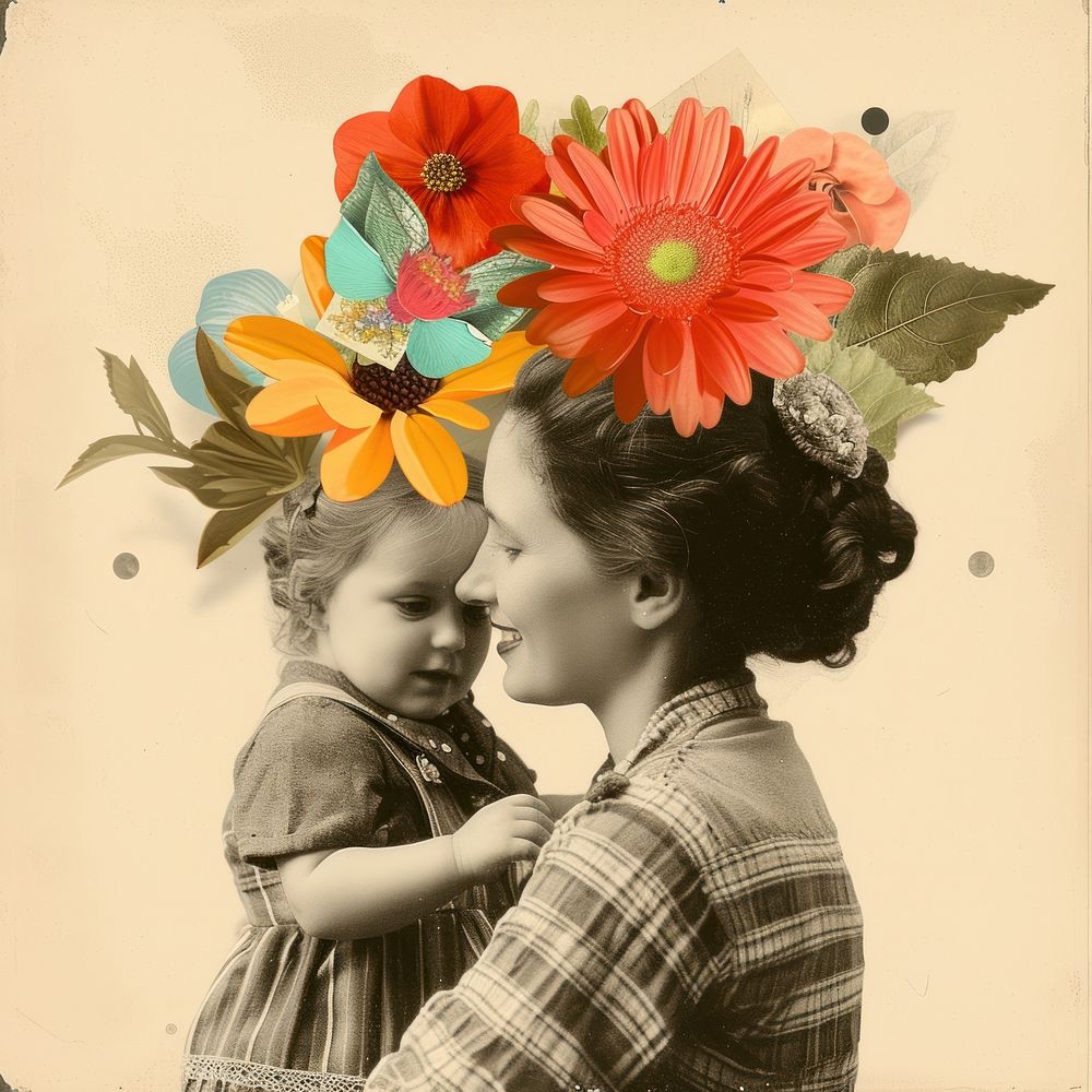 Paper collage of mother and child flower portrait adult.