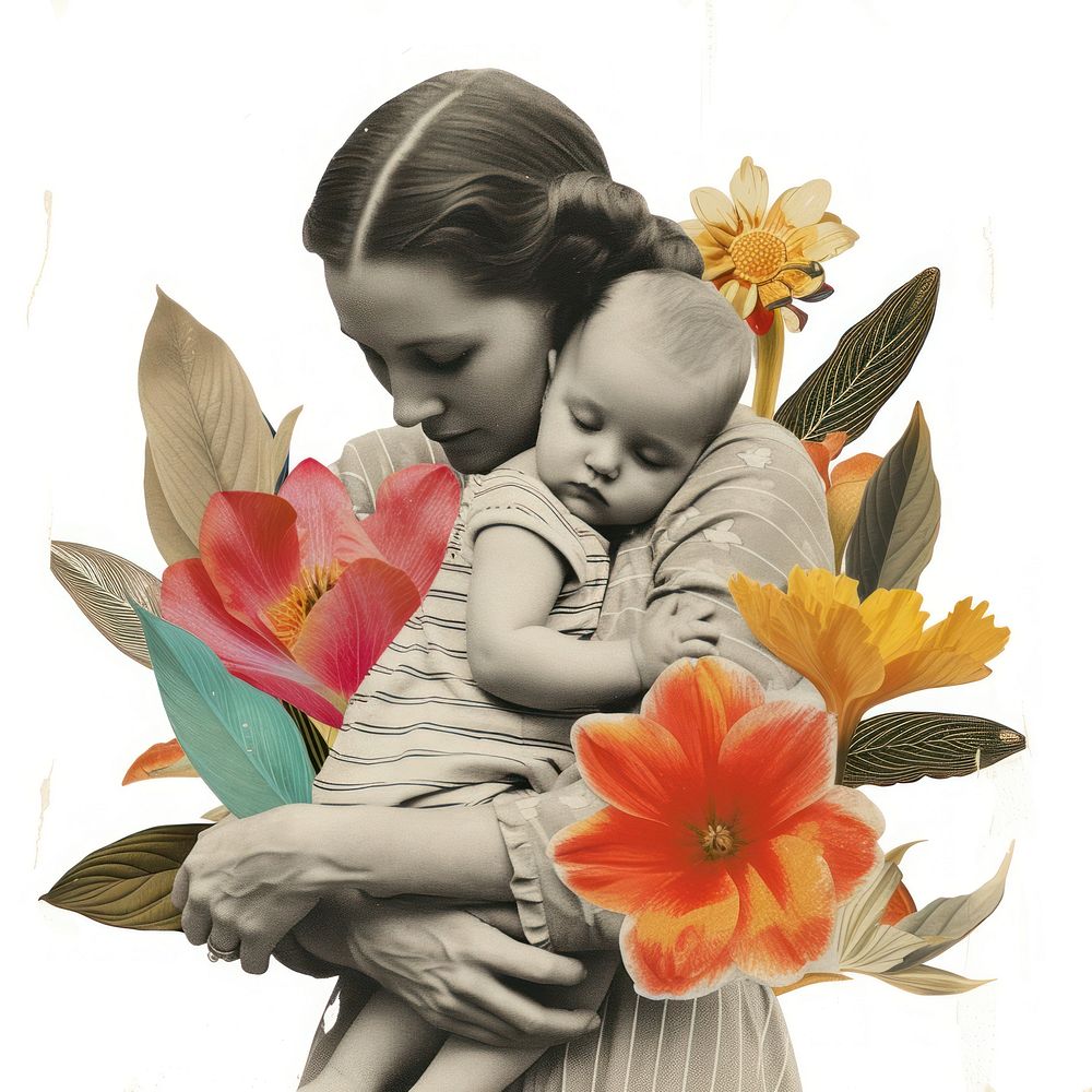 Paper collage of mother hugging baby flower portrait plant.