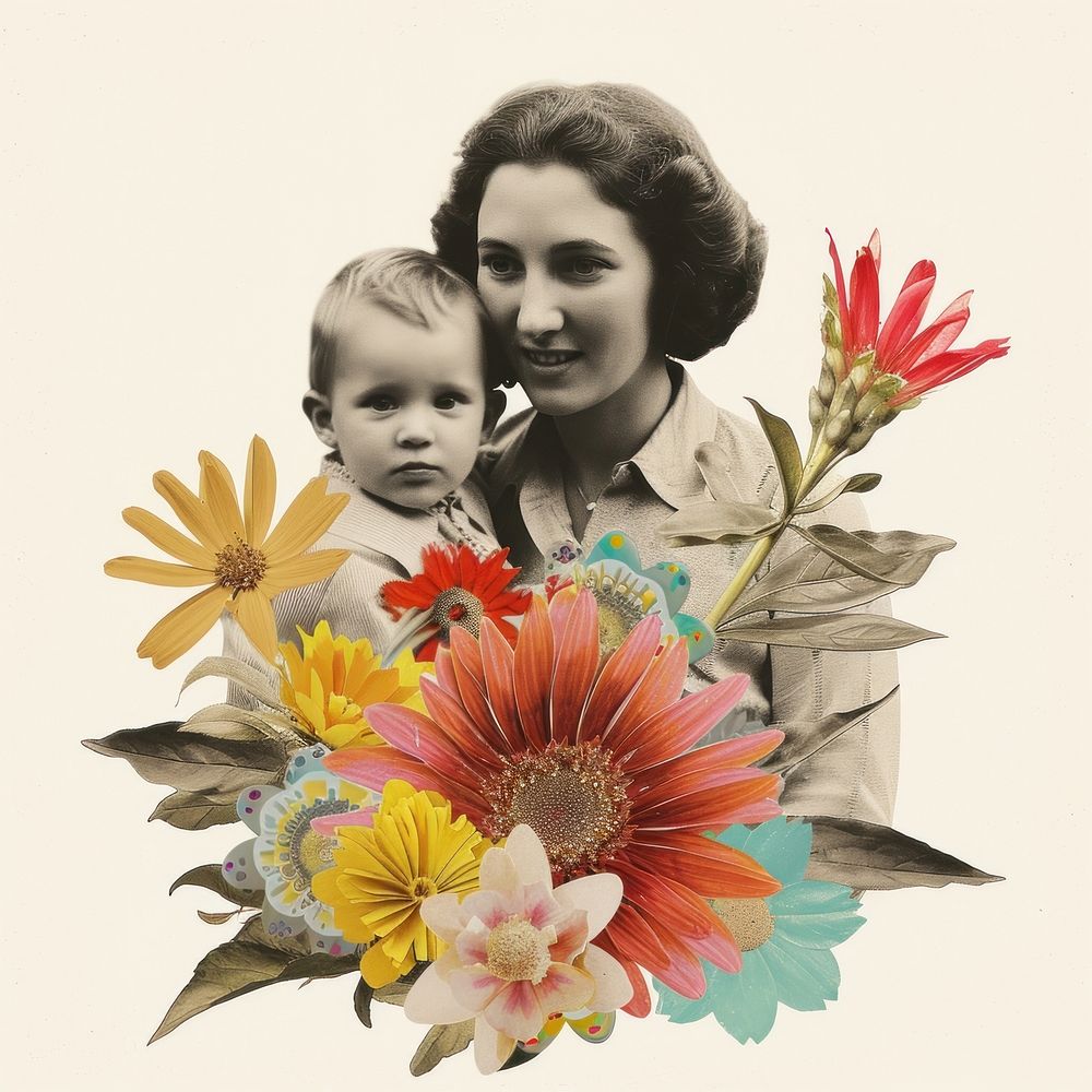 Paper collage of mother and child flower portrait plant.